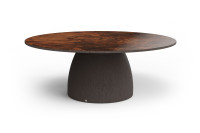Barrel dining table with textured base and walnut root top