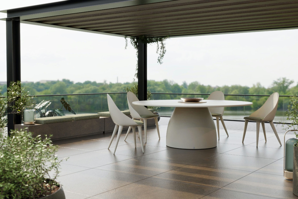Barrel Dining Table on Terrace with Chairs