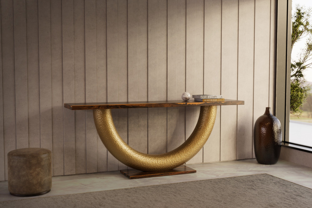 Millenium console in gold color with ziricote top and base
