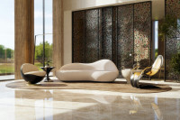 Nuance sofa with Padova Sand fabric with Flex armchair and Bola swivel armchair