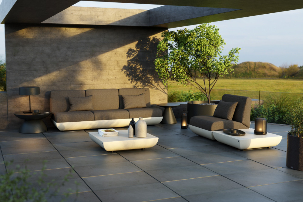 Victoria sofas lacquered in white with grey upholstery for outdoor