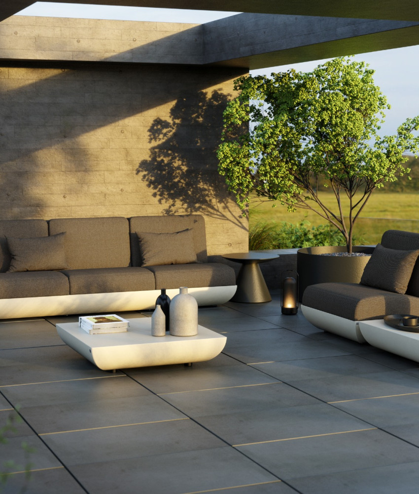 Victoria sofas lacquered in white with grey upholstery for outdoor