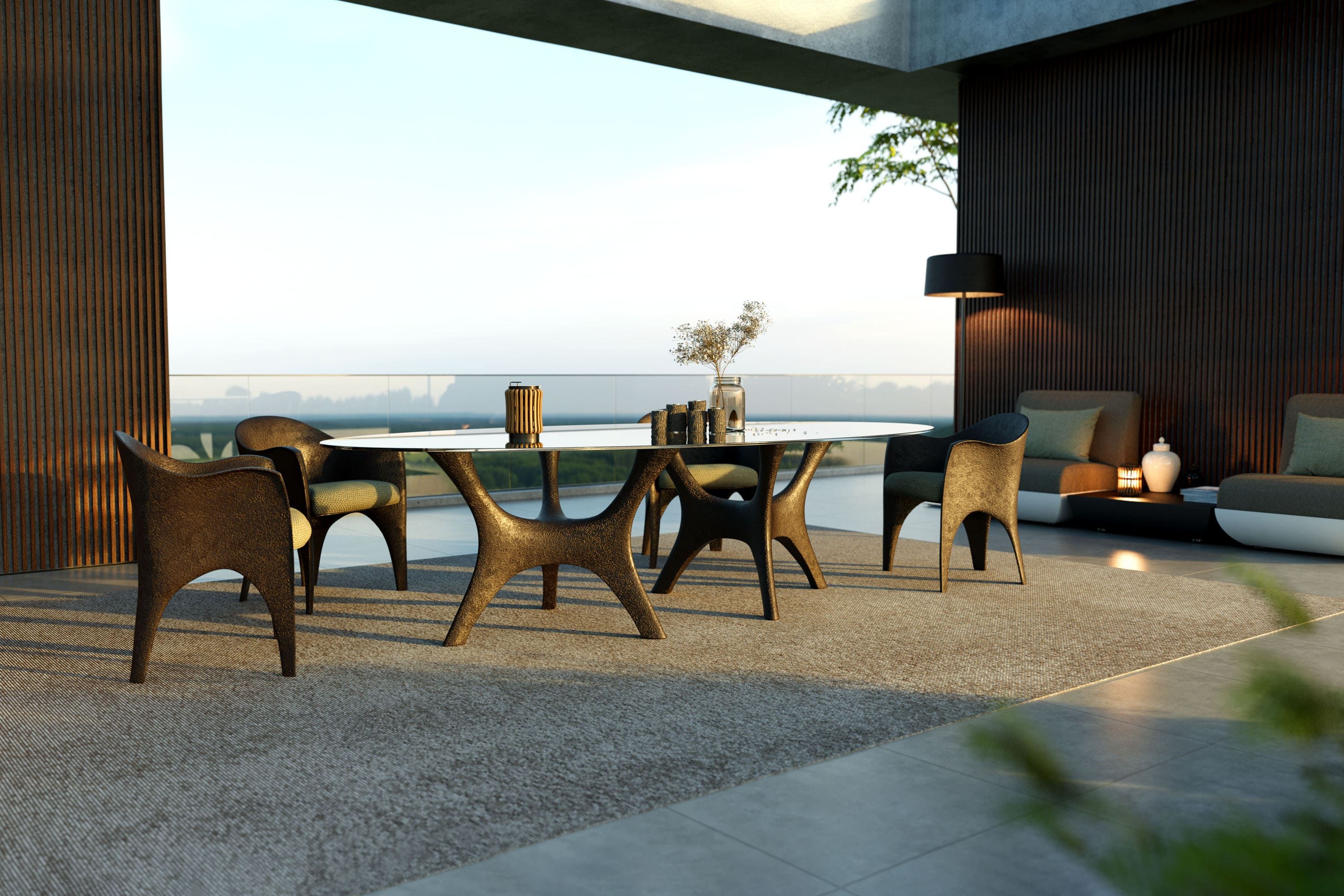 Terrace dining room with Kosmos table, Oceano chairs and Victoria line