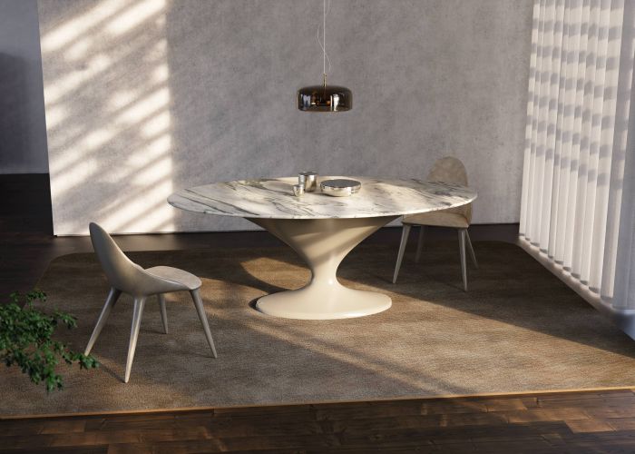 Charm dining table in grey color and bianco arni marble top