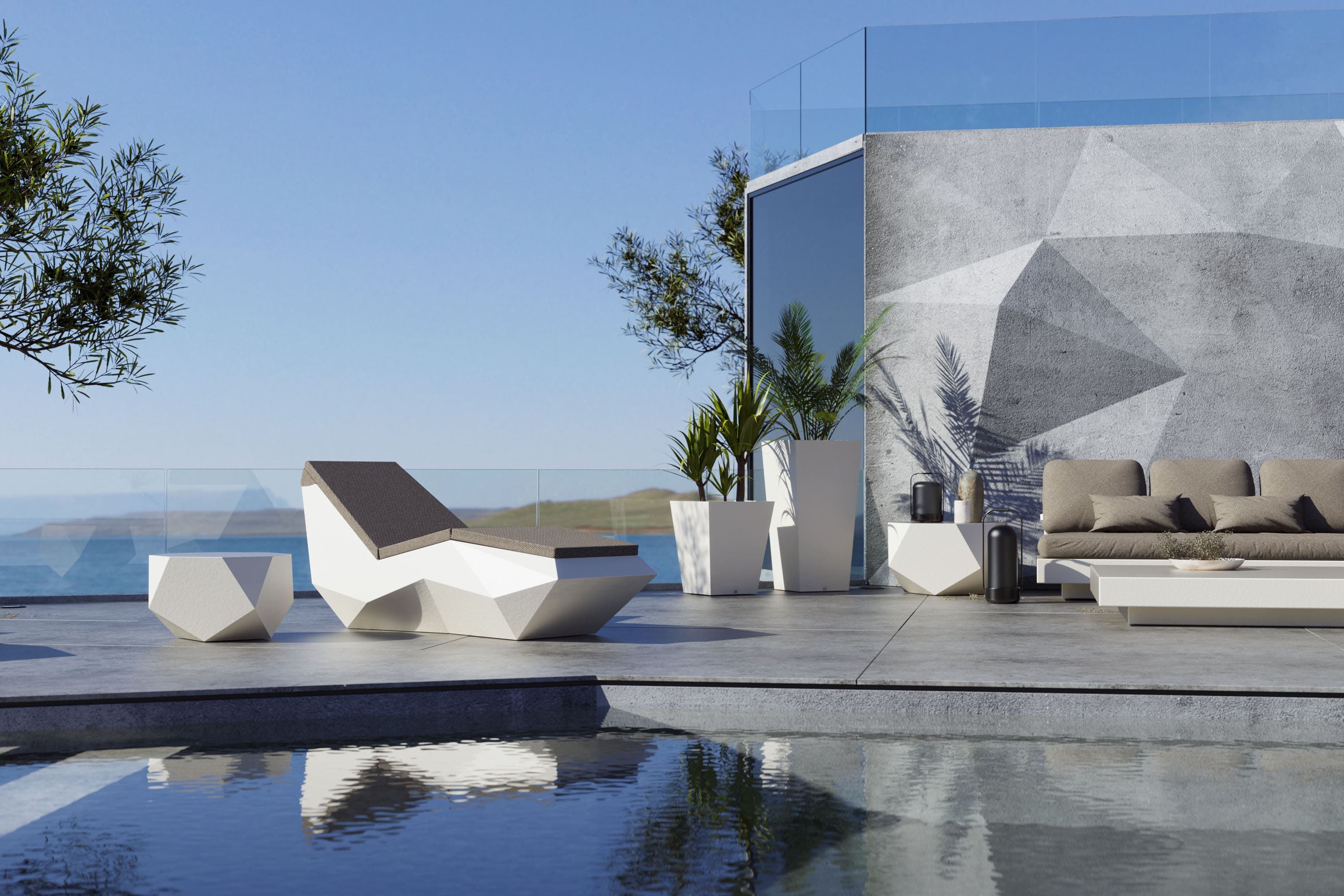 Relaxation environment at the pool with chaise lounge and table Diamond, Nordic and Quadra tables
