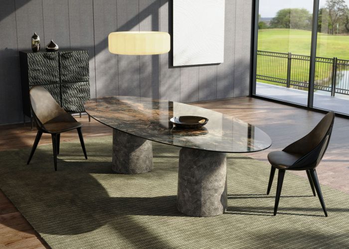 Siana dining table in with spatula texture and marbled finish top