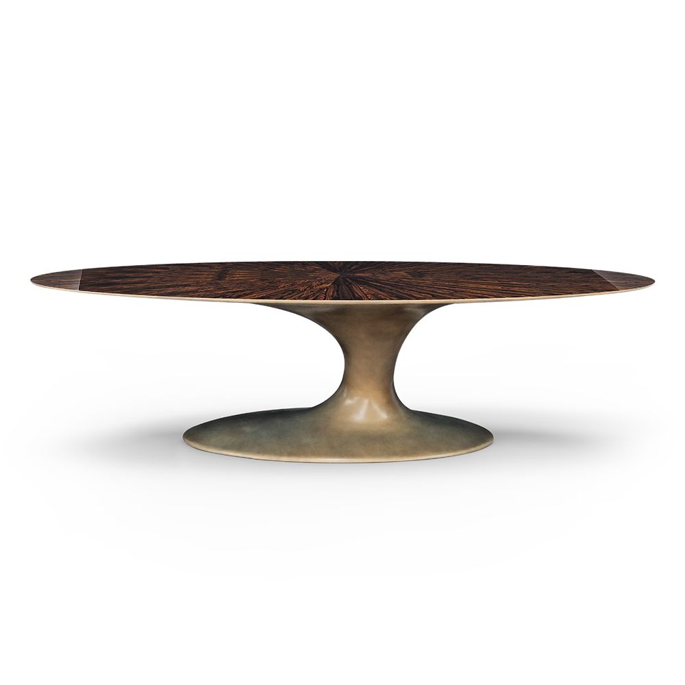 Jade dining table in brass color and sunburst ziricote