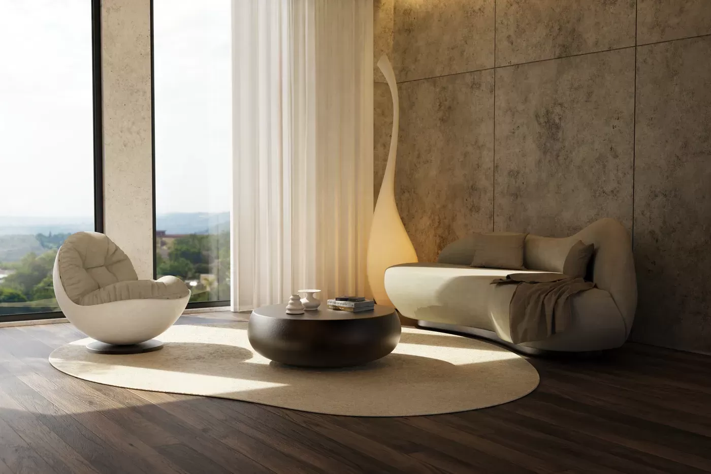 interior scene with Ariel coffee table in bronze color finish, Nuance sofa and Bola armchair.