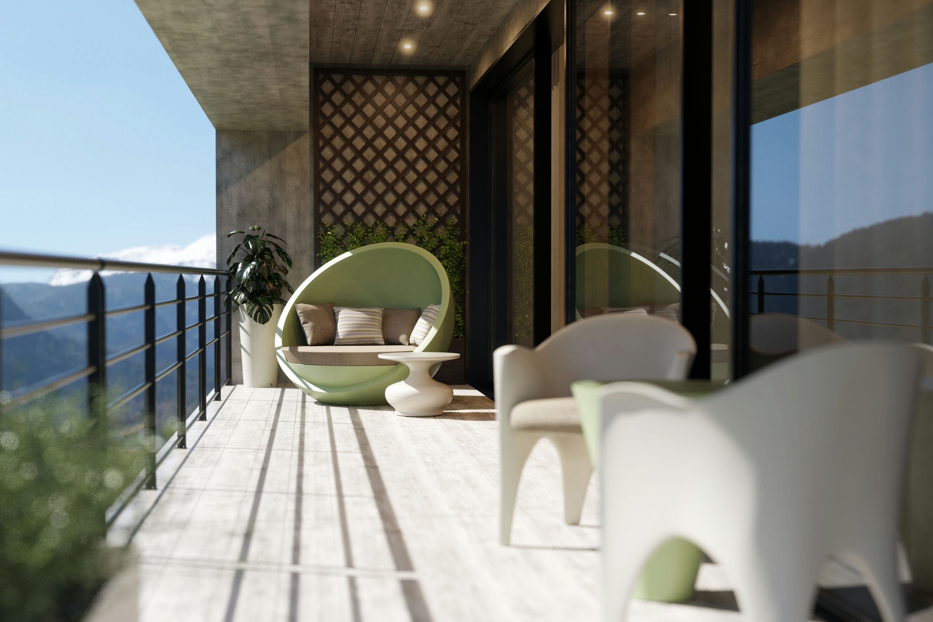 Bola sofa, Doris side table and Oceano chairs on a balcony
