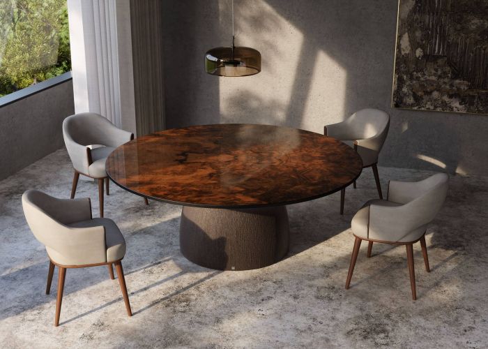 Barrel dining table with textured base and walnut top