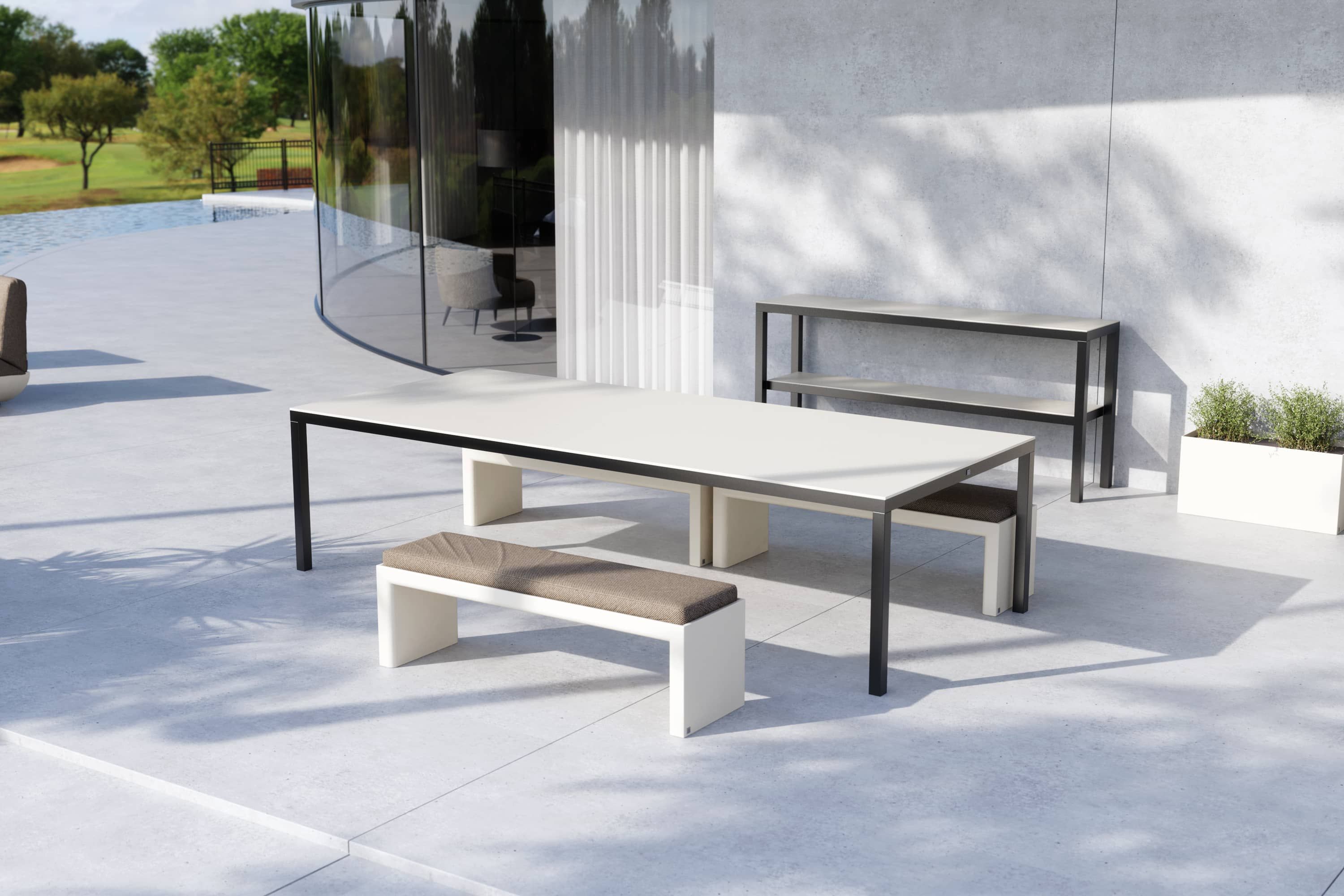 Sierra dining table for outdoor and Quadra benches with cushion