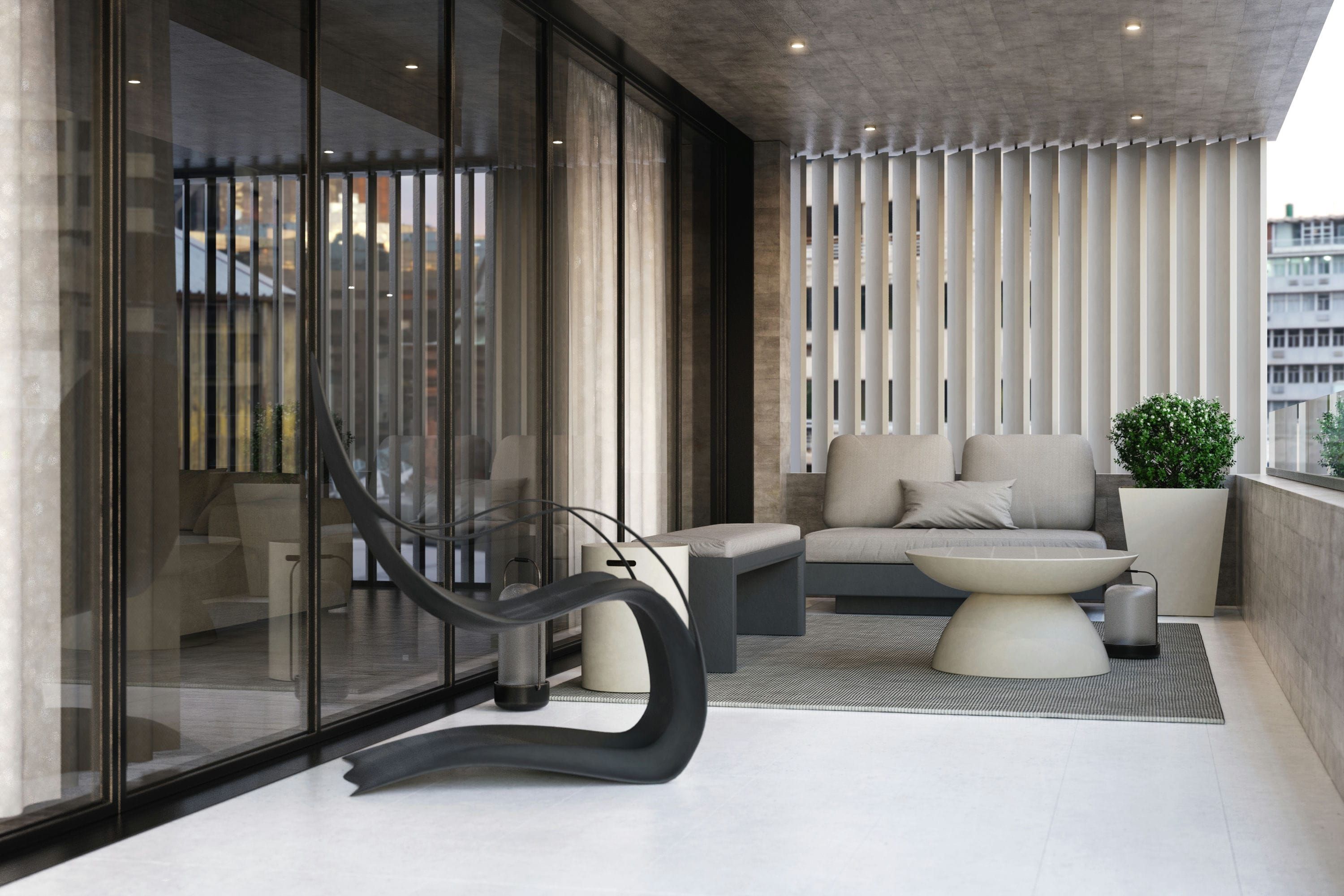 Flex armchair, Nordic sofa, Quadra bench and Oceano coffee table on a balcony