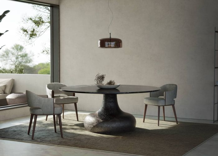Melody dining table in volcanic finish / texture and nero marquina marble top