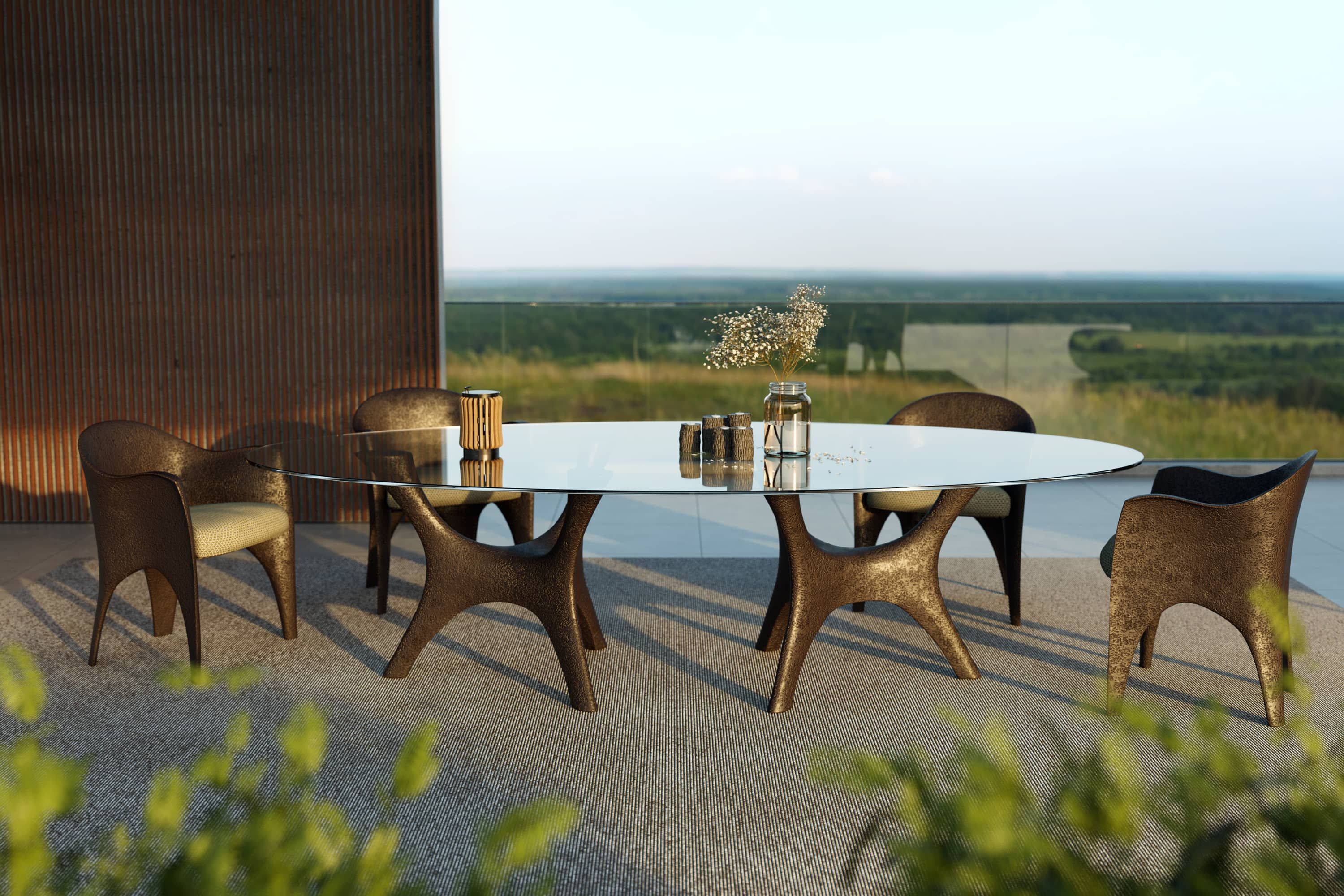 Kosmo dining table and Oceano chairs with special finish for outdoor