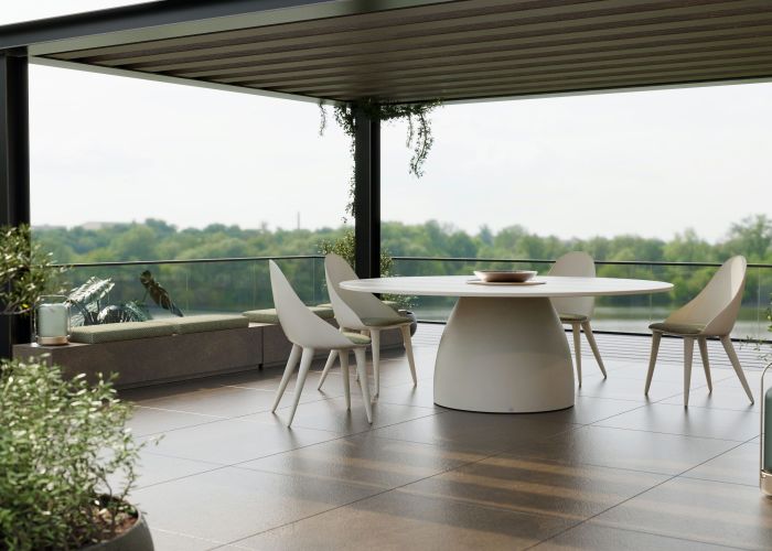 Barrel dining table outdoor matte white with chairs