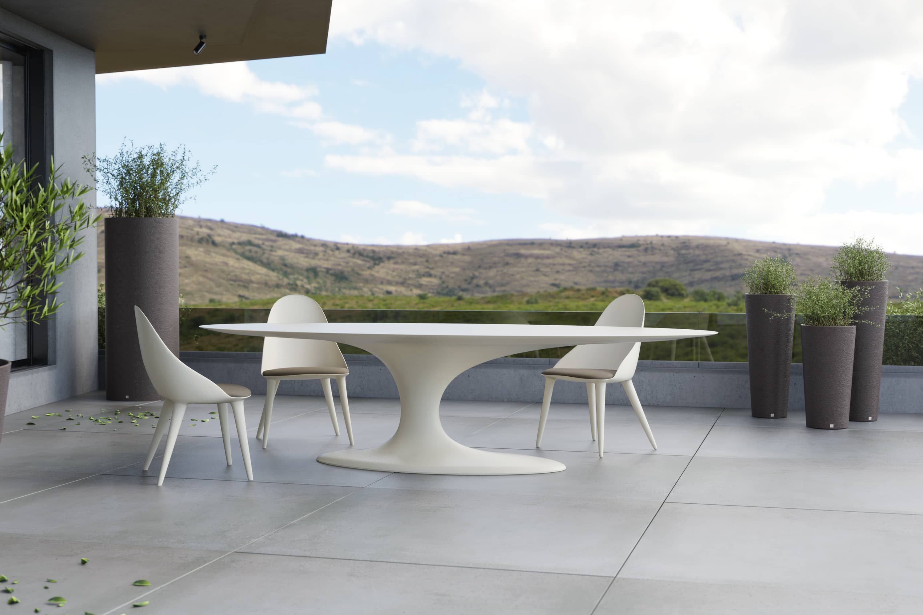 Jade dining table and Mónaco chairs with cushion and white lacquering for outdoor