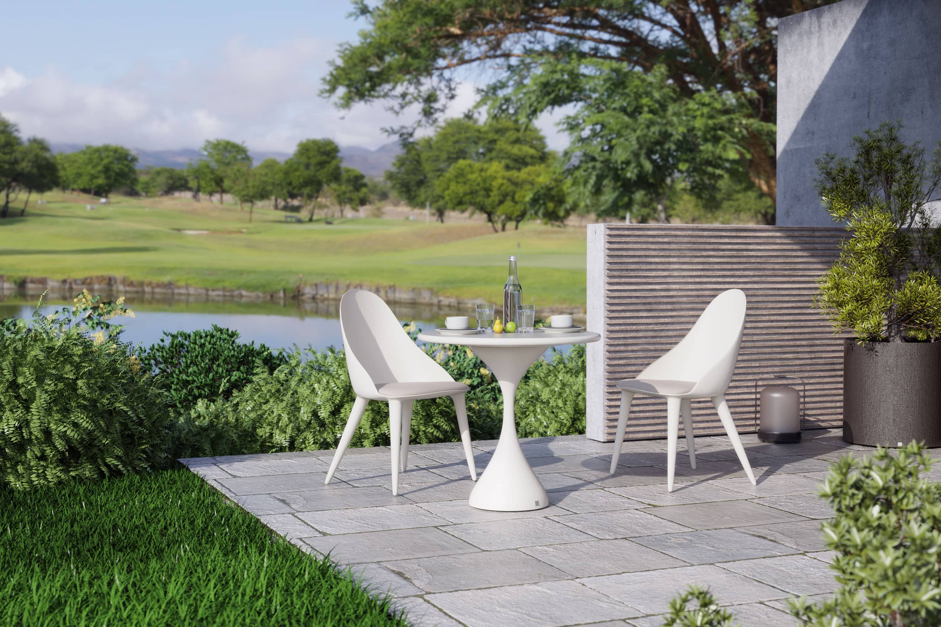 Melody dining table with Mónaco chairs in white for outdoor